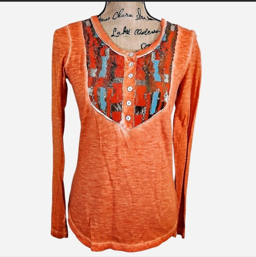 Free People Orange Long Sleeve Henley with Multicolor Embroidered Yoke